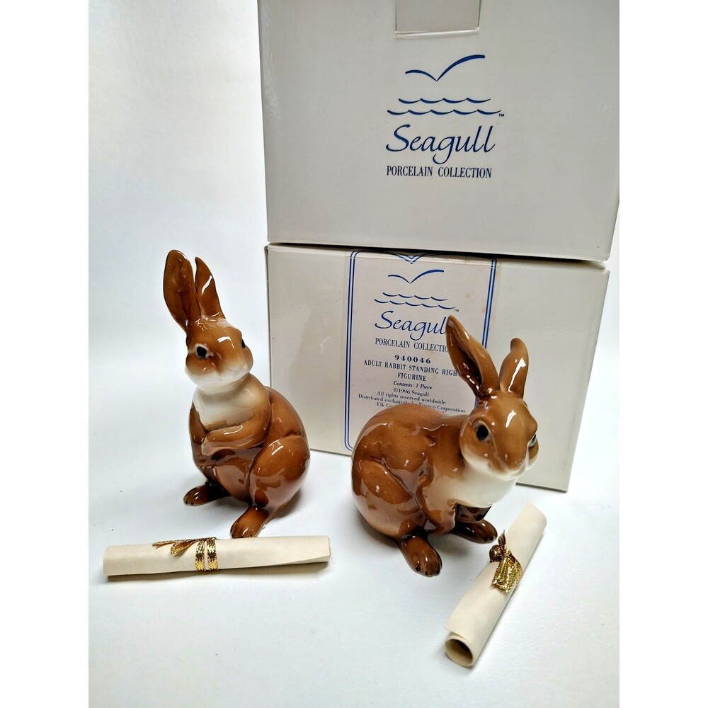 2 Vintage 1996 Seagull China Rabbit Enesco Figurines Original Boxes about 3.5"T